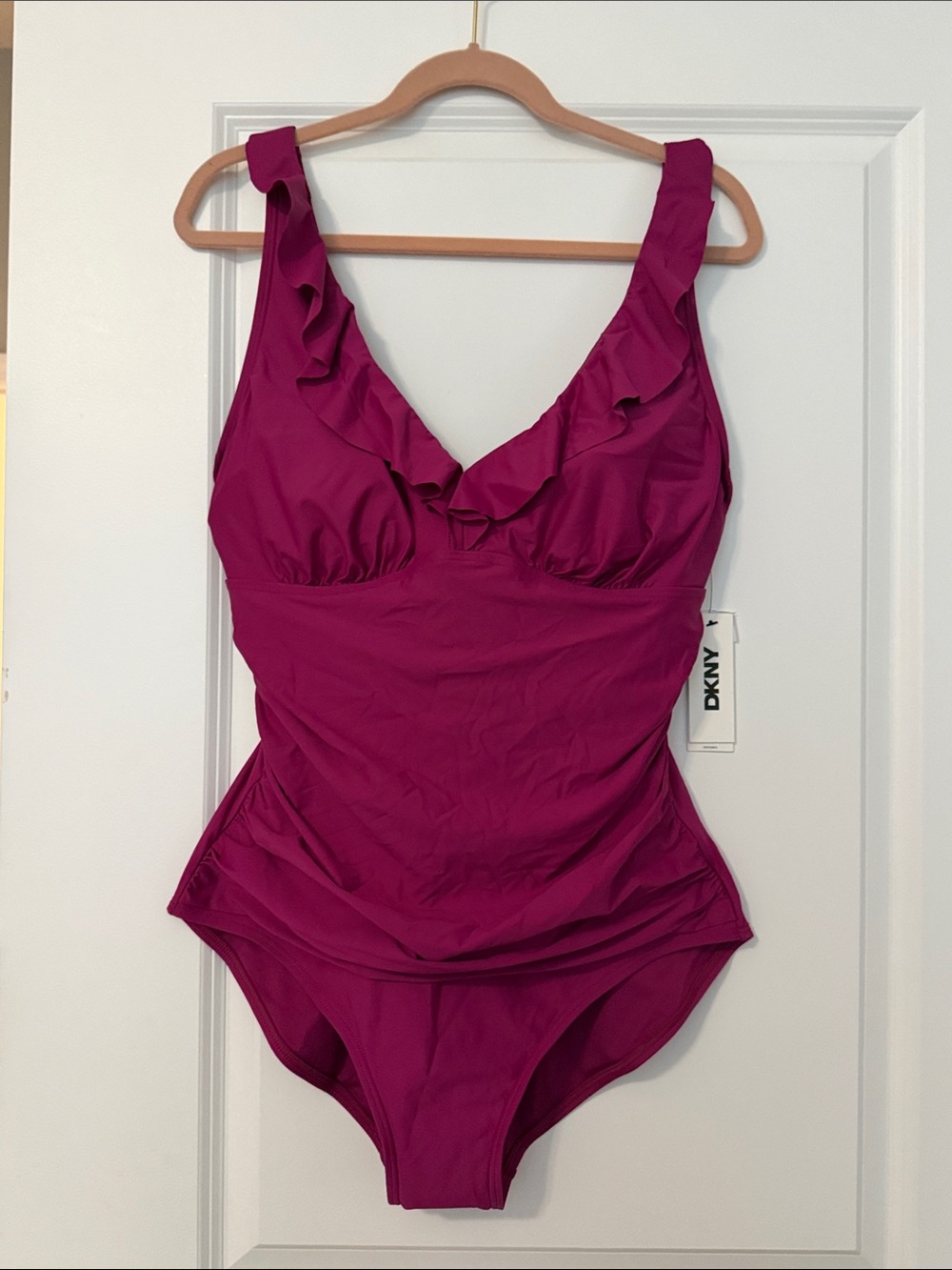 DKNY Ruffle V-Neck One-Piece Swimsuit - Magenta 2X XXL